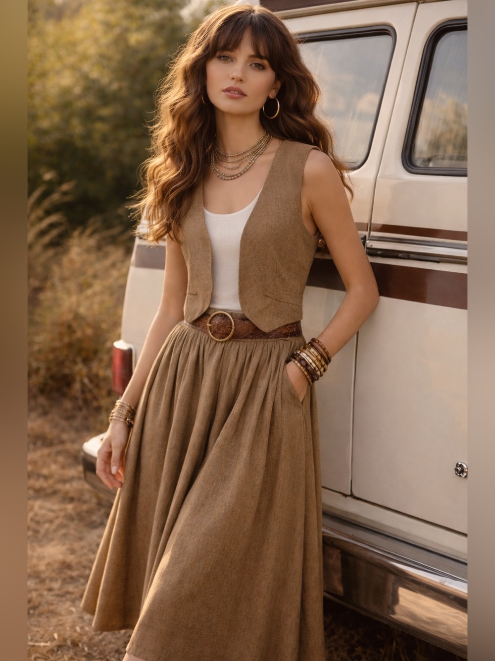 VINTAGE Women's Tan Brown Textured Vest & High Waist Full Skirt Set